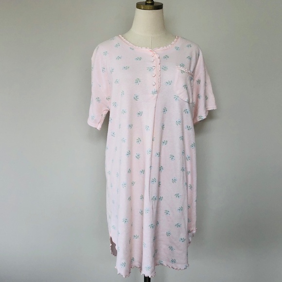 Pink Floral Night Shirt Pullover Stretchy Short Sleeves Henley Neck - Picture 1 of 7